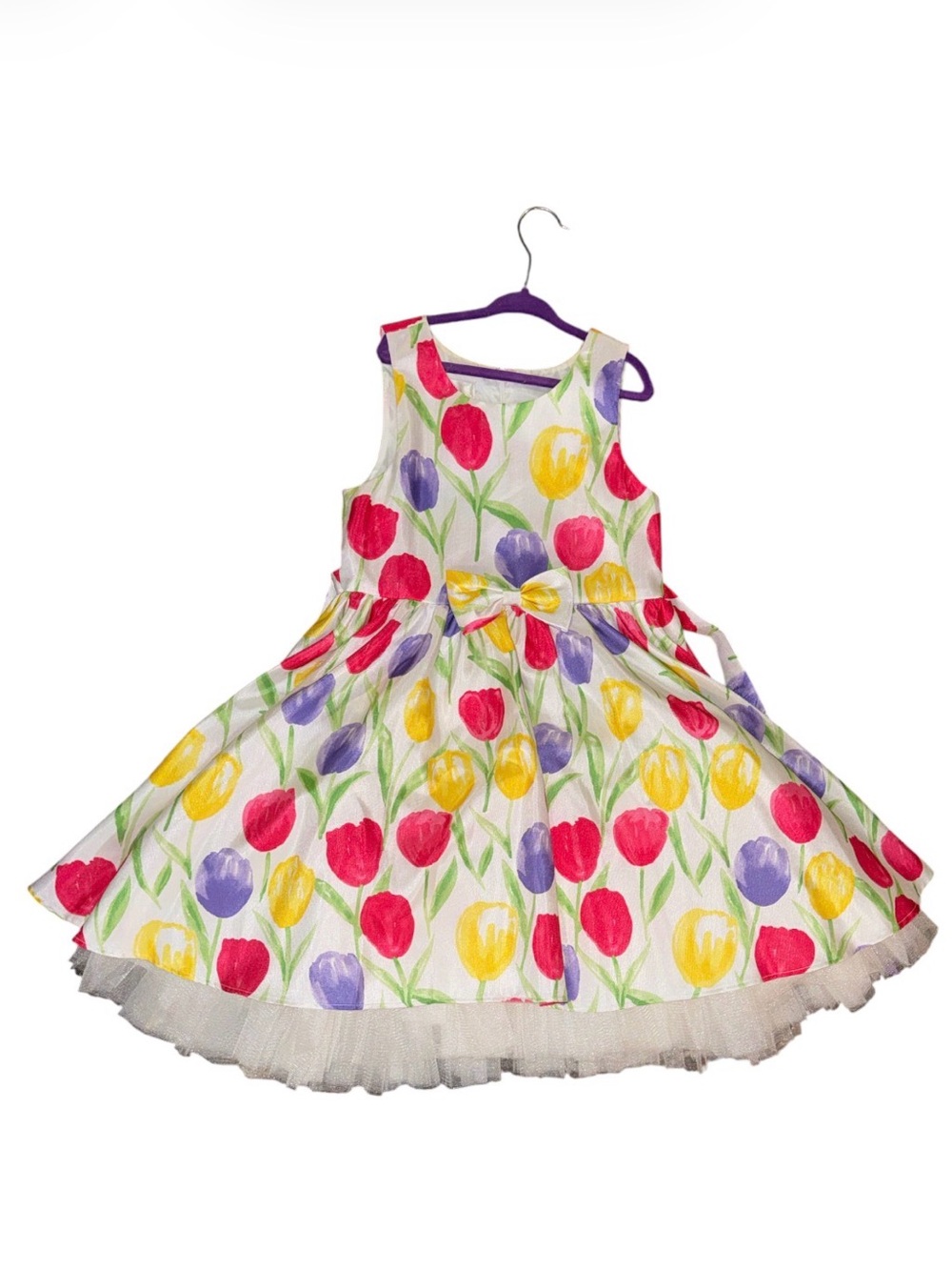 American Princess White Dress with Red, Yellow & Purple Tulips